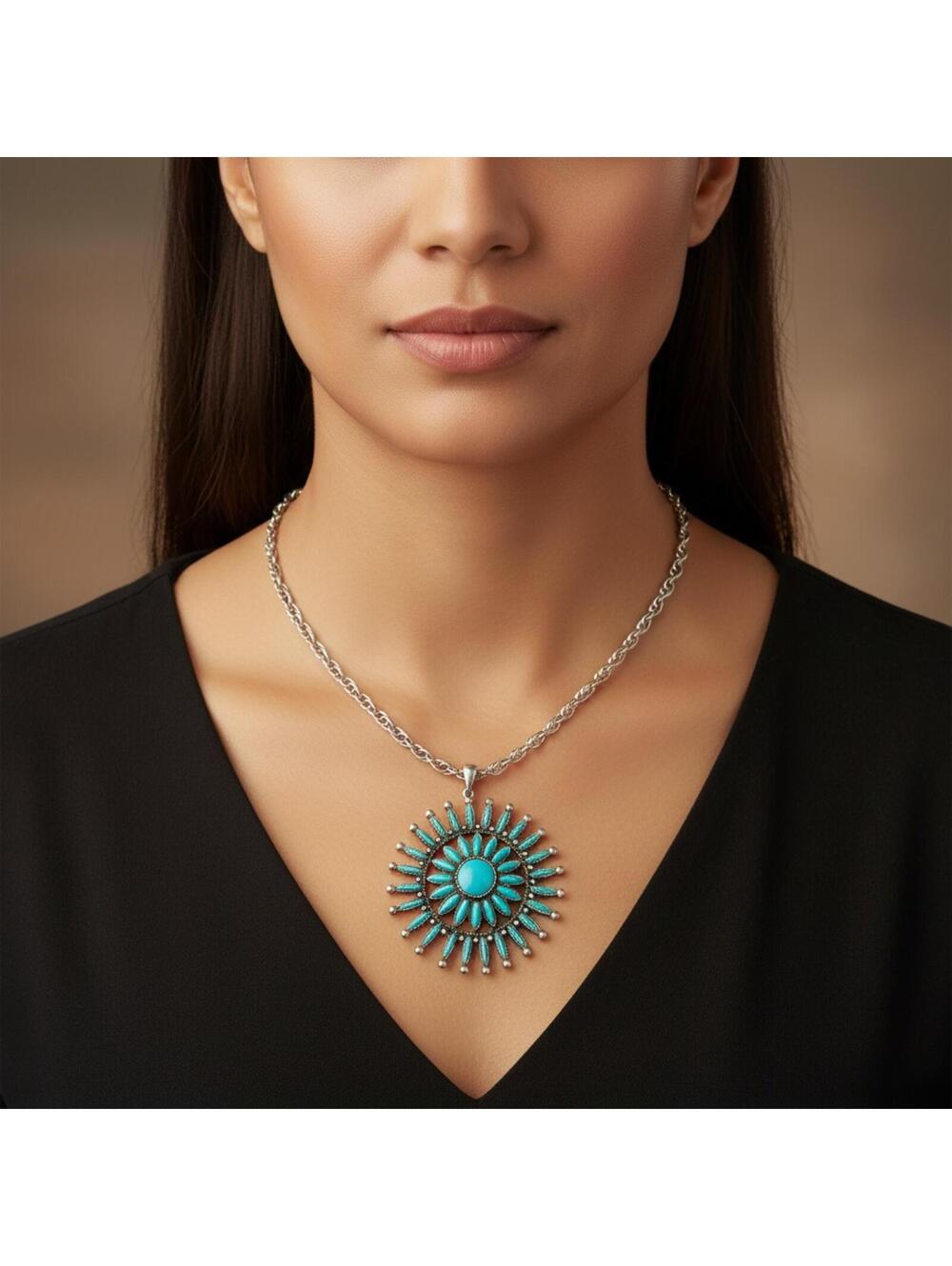 Vintage 24" Silver-Tone Faux Turquoise Needlepoint Sunburst Necklace